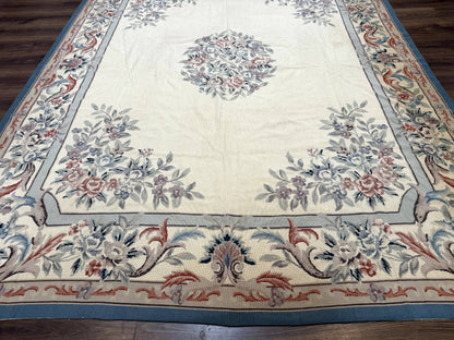 Ivory Needlepoint Rug 8x10, Wool Handmade Carpet