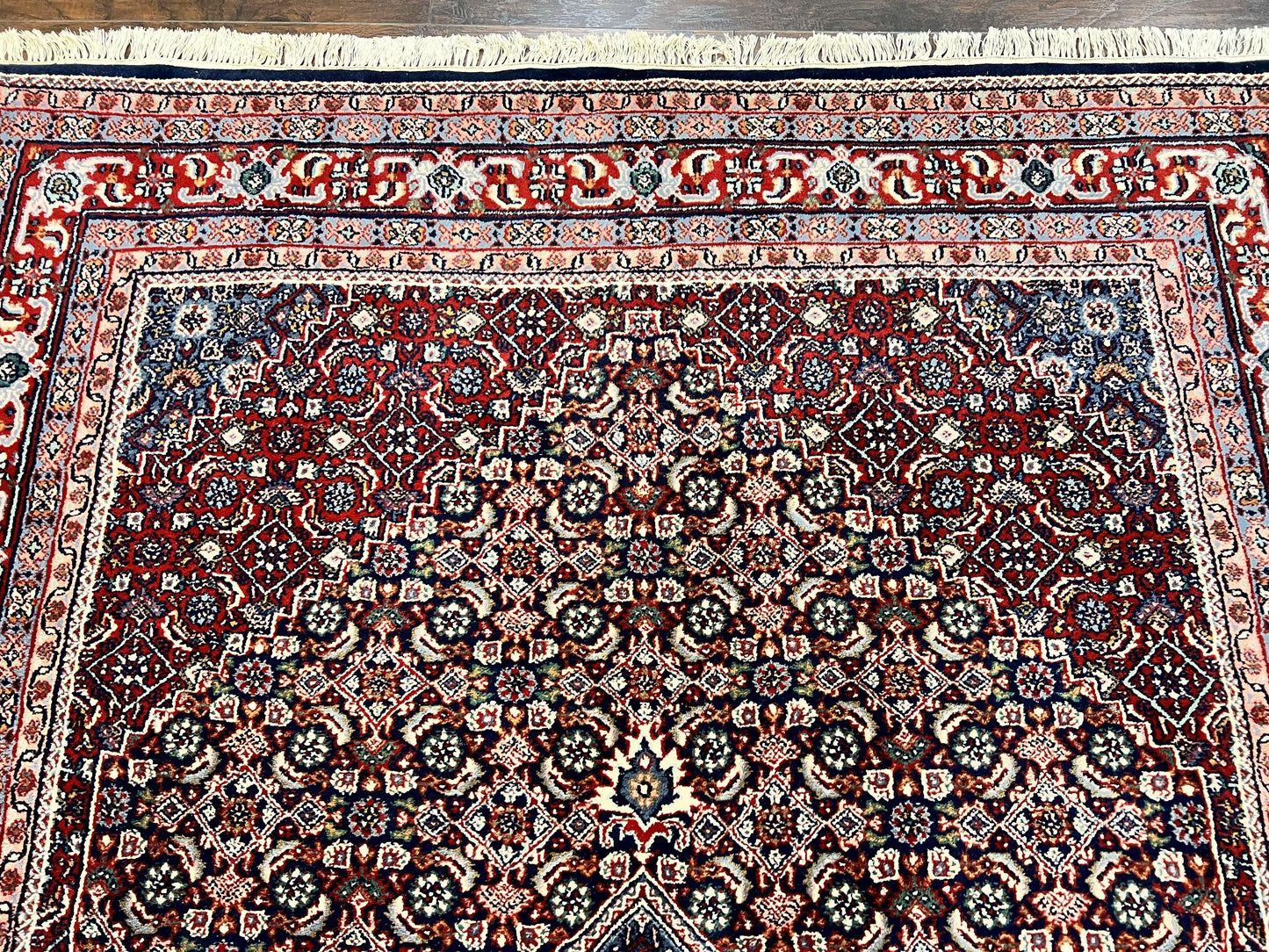 Indo Persian Rug 7x10, Dark Blue and Red Hand Knotted Wool Vintage Oriental Carpet 7 x 10 ft, Handmade Bidjar Rug, Herati Pattern Indian Rug