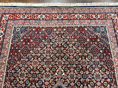Indo Persian Rug 7x10, Dark Blue and Red Hand Knotted Wool Vintage Oriental Carpet 7 x 10 ft, Handmade Bidjar Rug, Herati Pattern Indian Rug