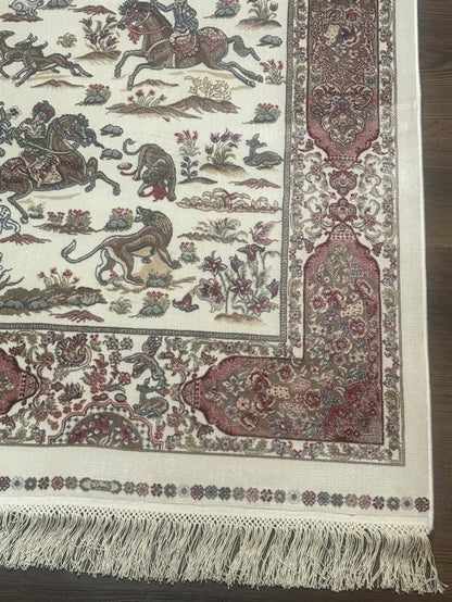 Turkish Silk Runner Rug 2.6 x 8, Hunting Design, Ivory, Bamboo Silk, New