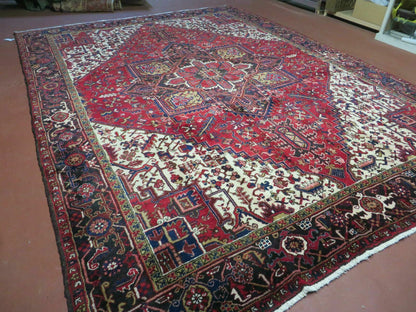 Persian Heriz Rug Hand Knotted Wool Red Ivory Dark Blue 8 Foot 6 Inch By 11 Foot Geometric Medallion Semi Antique