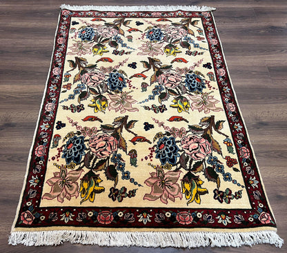 Persian Bidjar Rug 3.6 x 5 ft, Repeated Floral Motifs, Roses and Birds, Cream Burgundy, Fine Wool Oriental Bijar Carpet, Vintage Traditional Area Rug