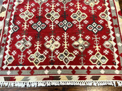 Indian Kilim Rug 6x6 Square Flatweave Wool Carpet Vintage Handmade Red