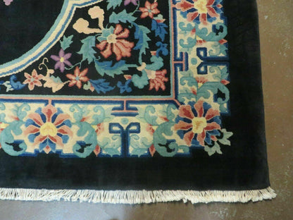 Art Deco Wool Rug Vintage Hand Knotted 8x10 Center Flower Black