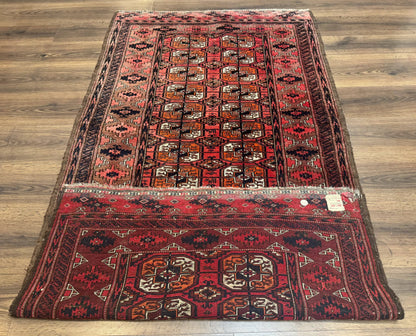 Antique Turkoman Rug 3.7 x 6.7, Red, Wool Runner Rug