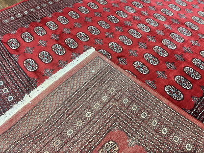 Turkoman Rug 8 x 11.6 Red Bokhara Pakistani Wool Handmade Vintage Carpet