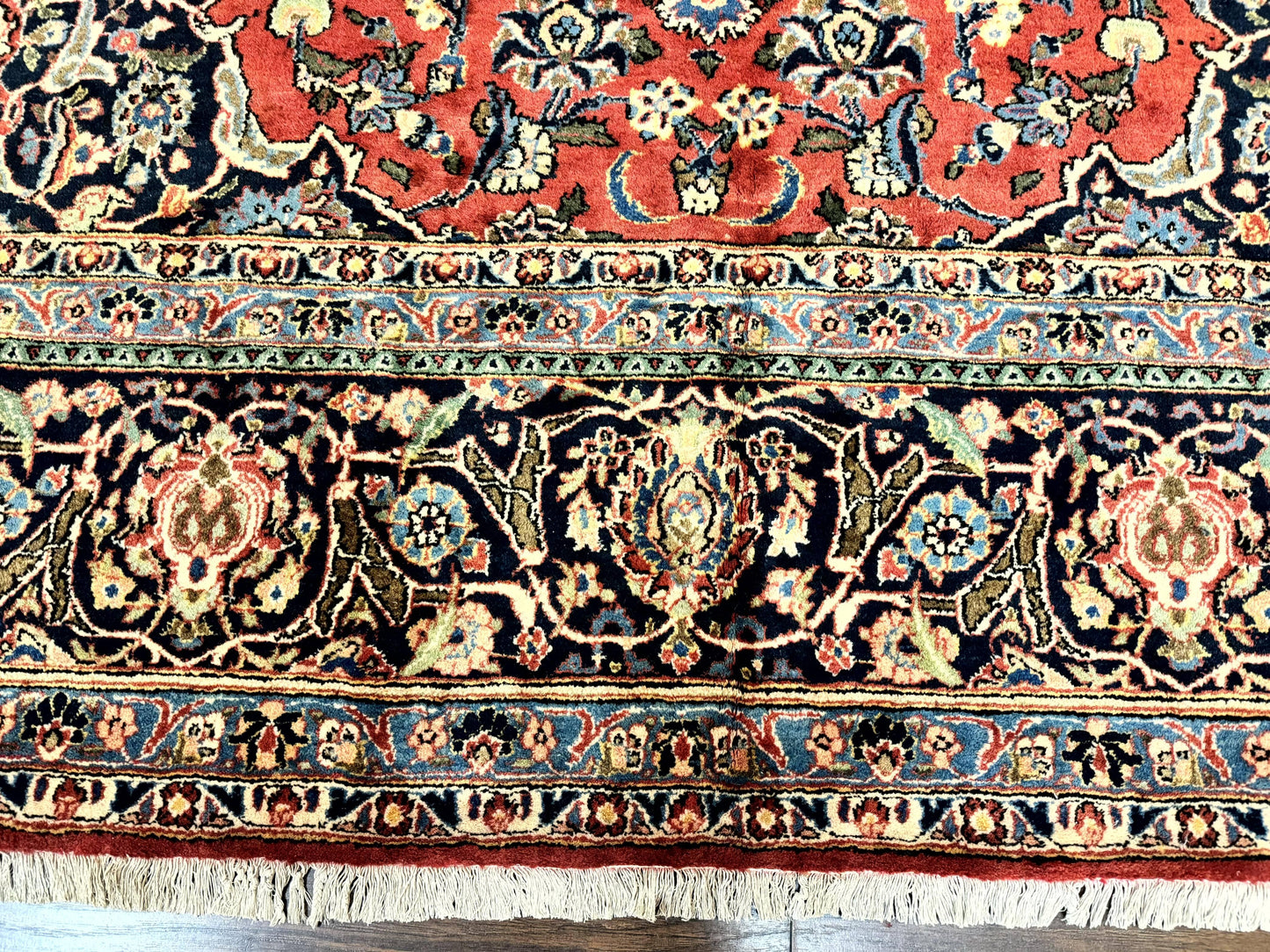 Red Persian Kashan Rug 10x14, Hand-Knotted Semi Antique Floral Medallion Handmade Wool Carpet, Red & Navy Blue
