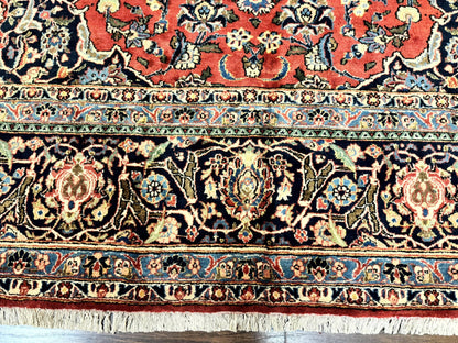 Red Persian Kashan Rug 10x14, Hand-Knotted Semi Antique Floral Medallion Handmade Wool Carpet, Red & Navy Blue