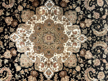 Sino Persian Rug 9x12, Floral Medallion, Black and Ivory, Elegant