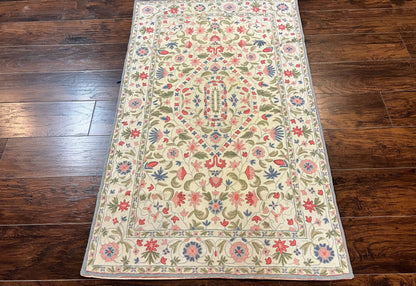Hand Stitched Indian Rug Floral Vintage Wool Area Rug 4x5 Hand Embroidered