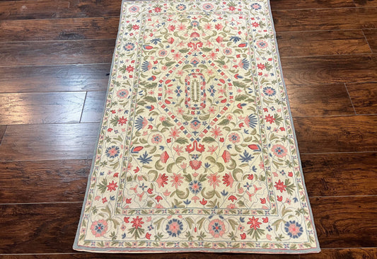 Hand Stitched Indian Rug Floral Vintage Wool Area Rug 4x5 Hand Embroidered