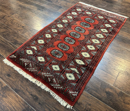 Red Pakistani Turkoman Bokhara Rug 3x5 Vintage Hand Knotted Signed