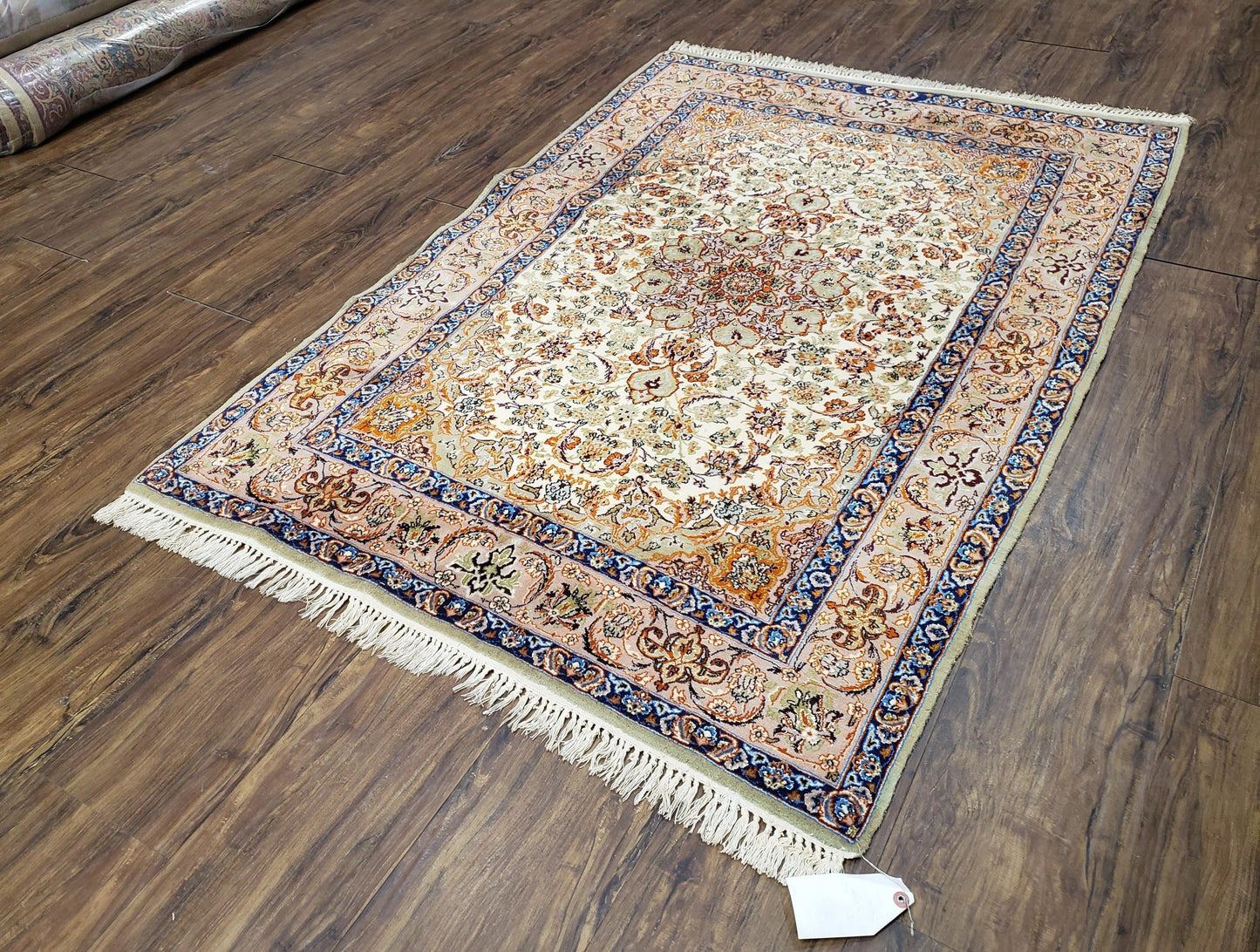 Premium Persian Isfahan Lachak Toranj Rug Hand Knotted Kork Wool On Silk Beige And Dark Blue 3 Ft 6 In By 5 Ft 4 In