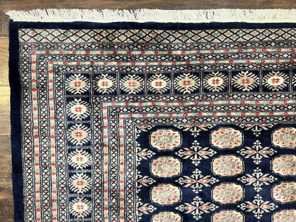 Pakistani Bokhara Rug 8x10 Hand Knotted Wool Vintage Carpet in Dark Blue Beige