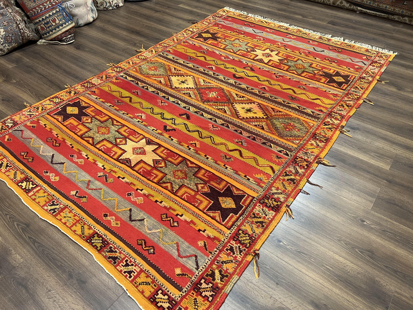 Unique Moroccan Rug 7x10, Room Sized Carpet, Red Orange Gray, Wool Oriental Striped Geometric Tribal Boho Rug, Flatweave with Raised Pile