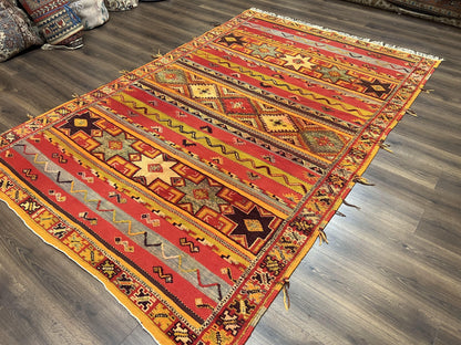 Unique Moroccan Rug 7x10, Room Sized Carpet, Red Orange Gray, Wool Oriental Striped Geometric Tribal Boho Rug, Flatweave with Raised Pile
