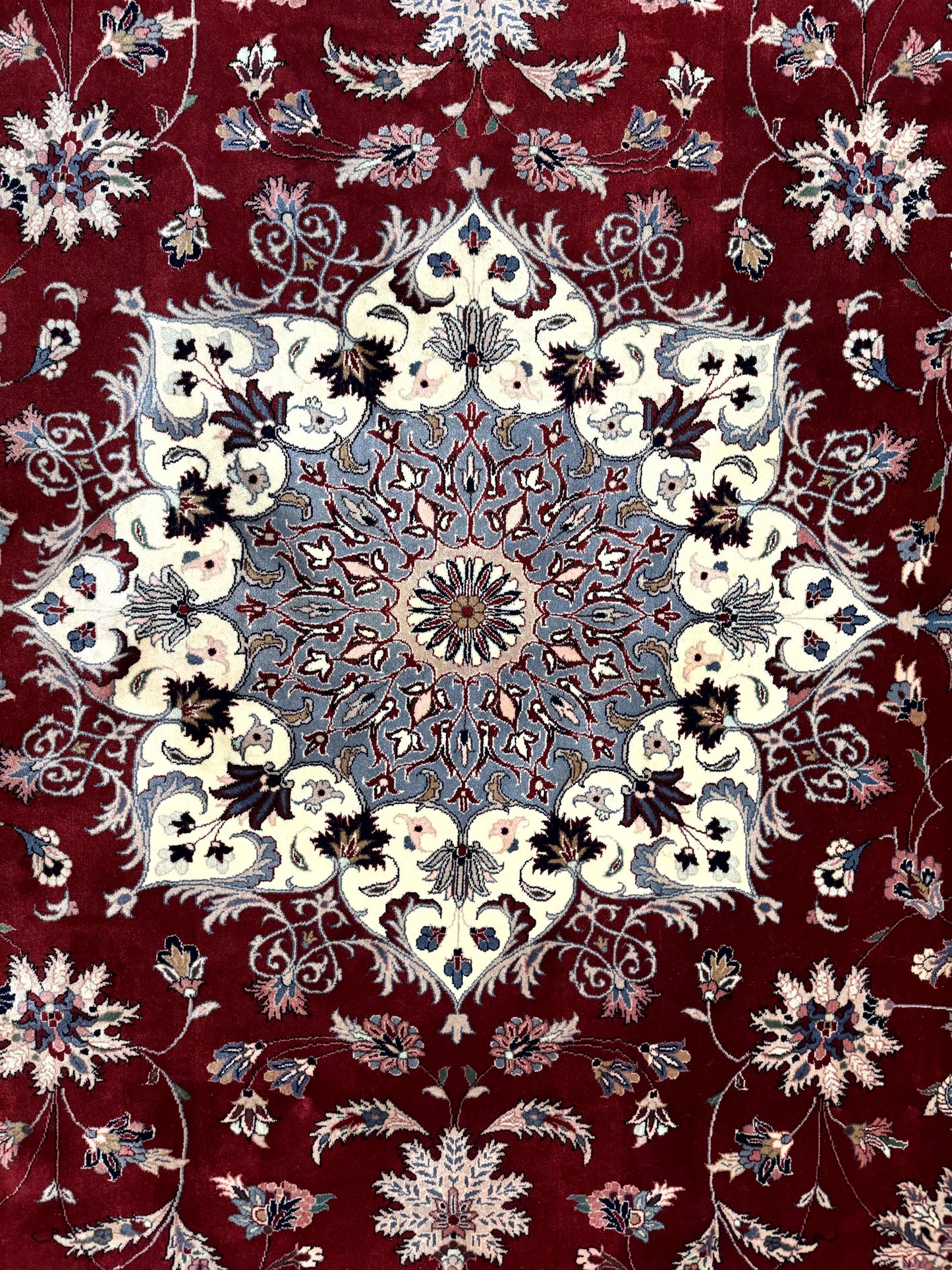 Pak Persian Rug 9x12, Maroon and Ivory, Wool Handmade Vintage