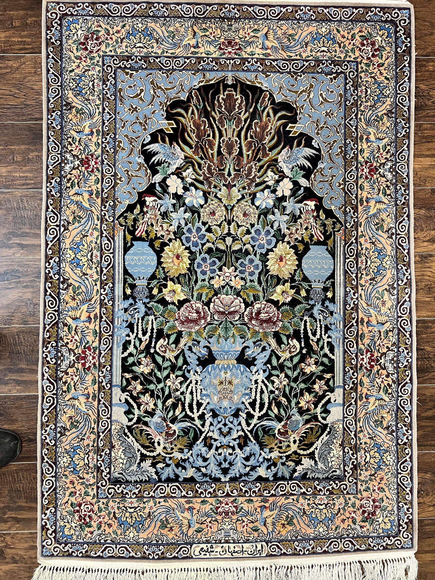 Persian Isfahan Rug 3.7x5 Kork Wool On Silk Tree Of Life Vase Peacocks Very Fine 460 KPSI