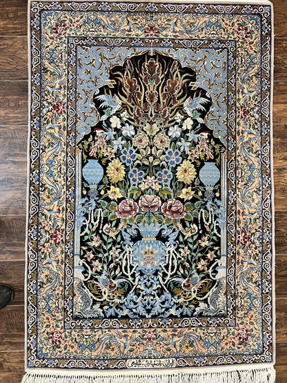 Persian Isfahan Rug 3.7x5 Kork Wool On Silk Tree Of Life Vase Peacocks Very Fine 460 KPSI