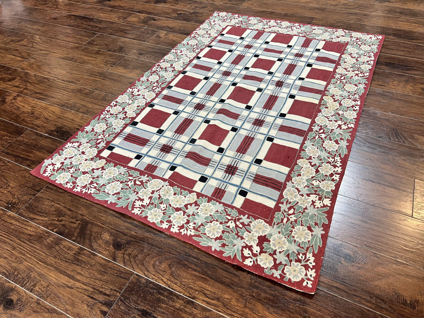Indian Hand Stitched Rug 4x6, Vintage Carpet, Checkerboard Floral Pattern, Maroon Ivory, Flatweave, Wool