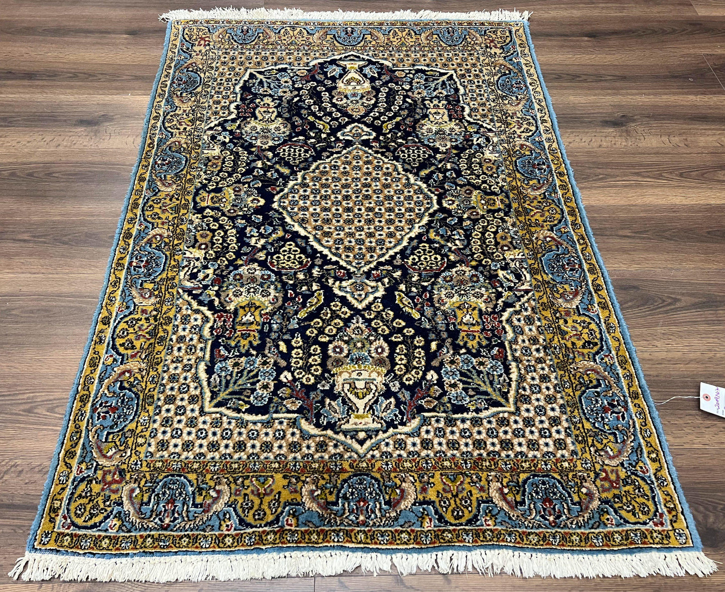 Fine Persian Qum Rug 3x5, Semi Antique Vintage Oriental Ghom Carpet, Floral Medallion, Highly Detailed, Hand Knotted, Navy Blue, Wool Area Rug, Birds