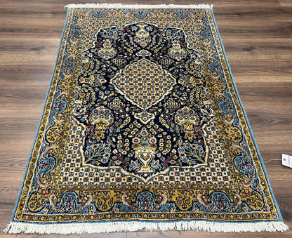 Fine Persian Qum Rug 3x5, Semi Antique Vintage Oriental Ghom Carpet, Floral Medallion, Highly Detailed, Hand Knotted, Navy Blue, Wool Area Rug, Birds