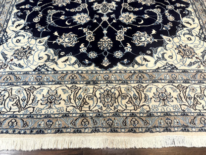 Persian Nain Rug 8x11, Navy Blue and Ivory, Handmade Wool Vintage Carpet, Floral Medallion