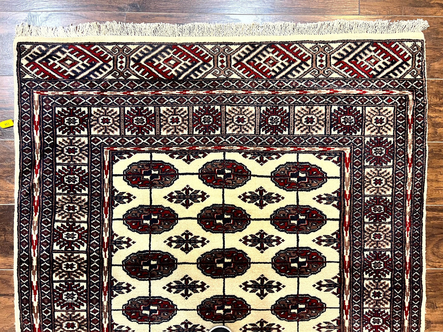 Pakistani Bokhara Rug 4x6 Vintage Handmade Wool Carpet Ivory Turkoman Style