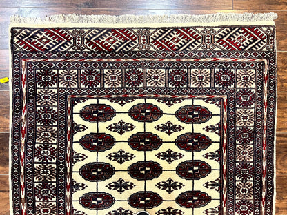 Pakistani Bokhara Rug 4x6 Vintage Handmade Wool Carpet Ivory Turkoman Style