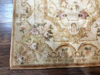 Handmade Chinese Aubusson Rug 3.6 x 5 Beige and Gold Vintage European Design