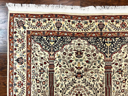 Persian Prayer Rug 4x6 Tree of Life Hand Knotted Wool Beige Vintage