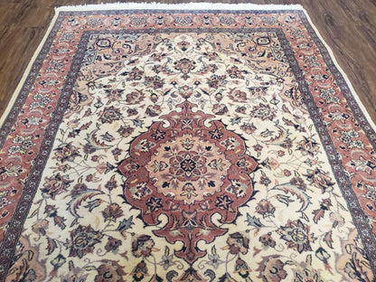 Handmade Pakistani Floral Wool Rug 4x6 Vegetable Dyes Carpet Beige Salmon