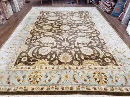 Oushak Wool Rug Indo Mahal Vintage Hand Knotted 8 Ft 8 In By 12 Ft Floral Brown And Blue