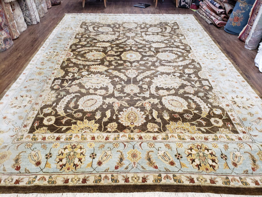 Oushak Wool Rug Indo Mahal Vintage Hand Knotted 8 Ft 8 In By 12 Ft Floral Brown And Blue
