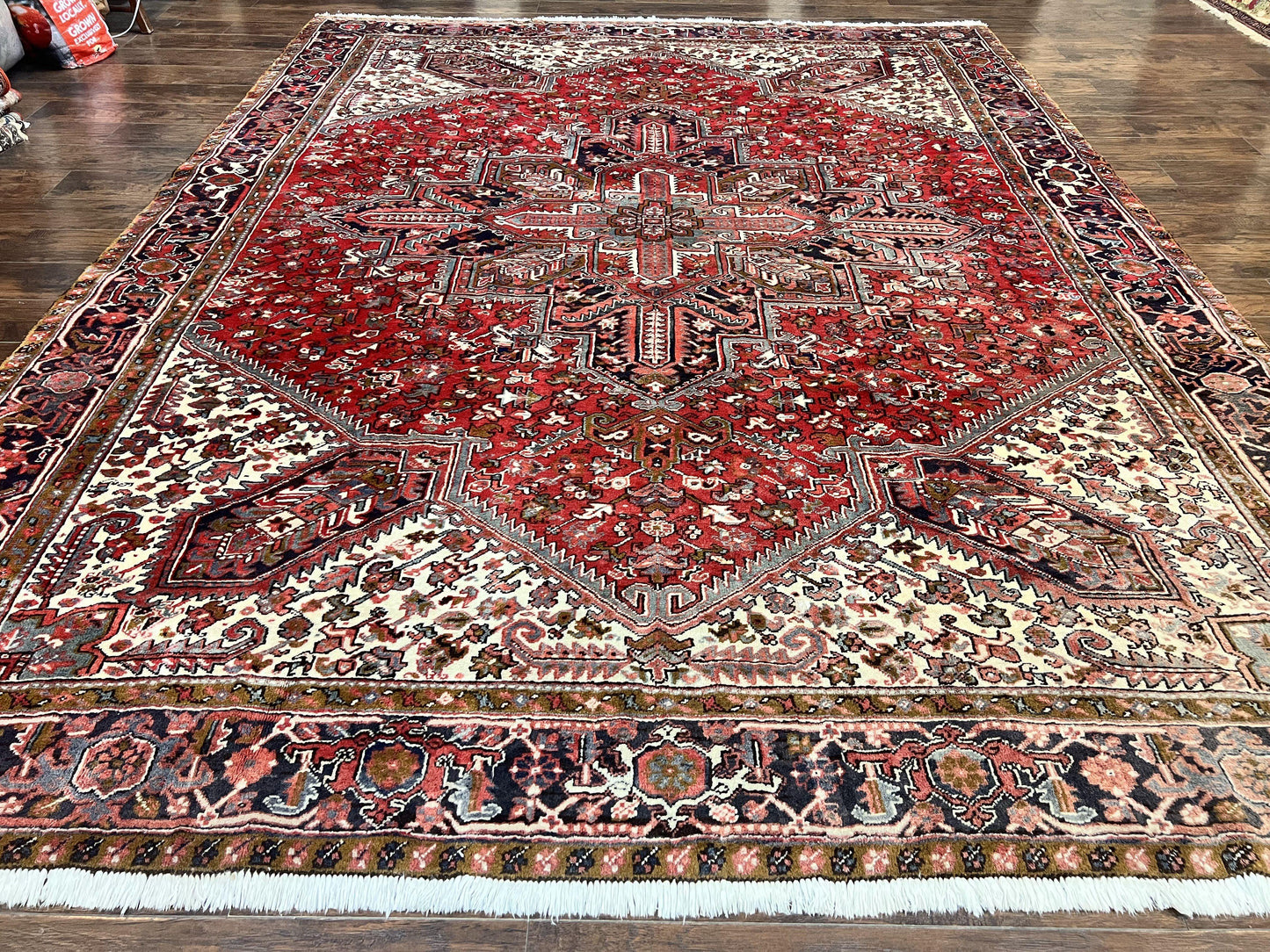 Large Persian Heriz Rug 10x13, Wool Hand Knotted Antique Carpet, Red and Ivory, Geometric Tribal Room Sized Rug, Decorative Oriental Rug