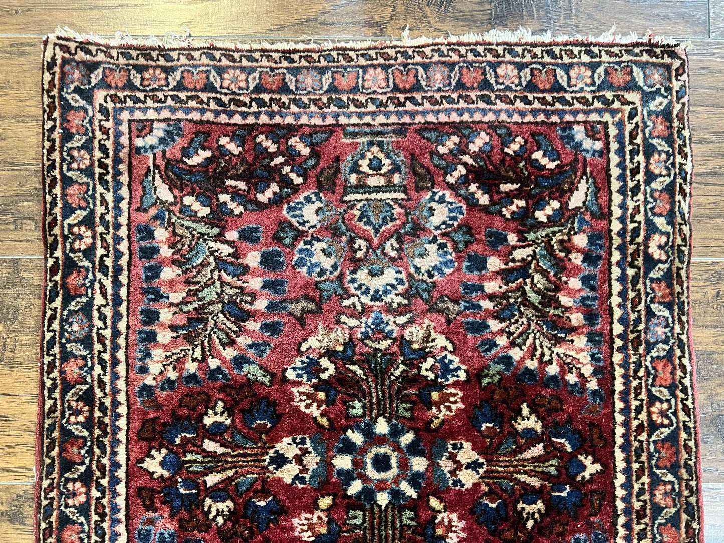 Antique Persian Sarouk Rug Small Two By Two And A Half Wool Handmade Red Floral 1920s 170 KPSI