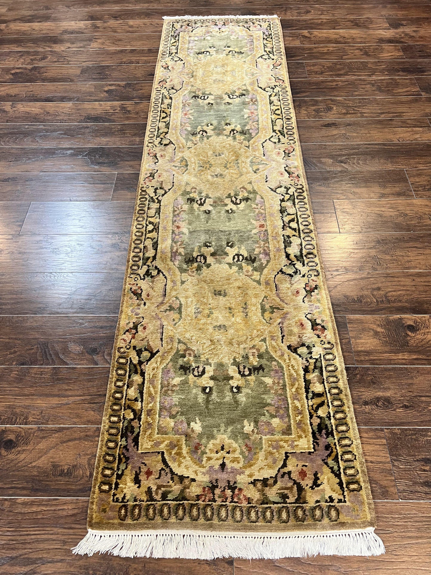 Tibetan Runner Rug 2.6 x 10, French Aubusson Pattern, Gold Olive Green, Vintage Handmade European Design, Wool Hallway Rug