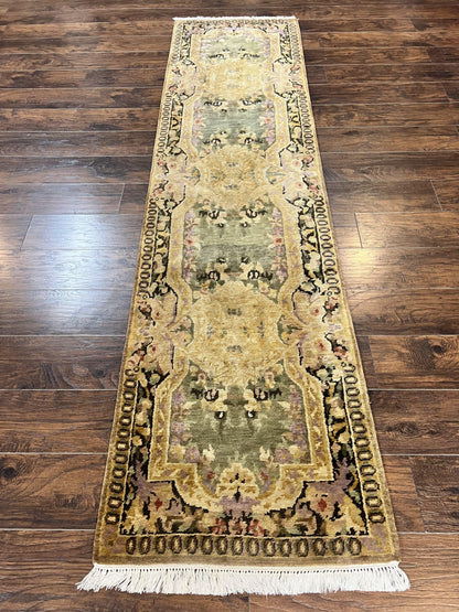 Tibetan Runner Rug 2.6 x 10, French Aubusson Pattern, Gold Olive Green, Vintage Handmade European Design, Wool Hallway Rug