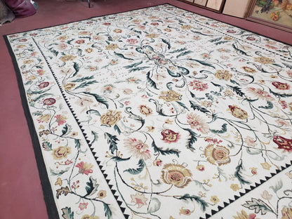 New Needlepoint Rug 9x12, Hand Woven Wool Area Rug, Flatweave Carpet, Handmade Chinese Needlepoint, Floral European Design, Ivory Background