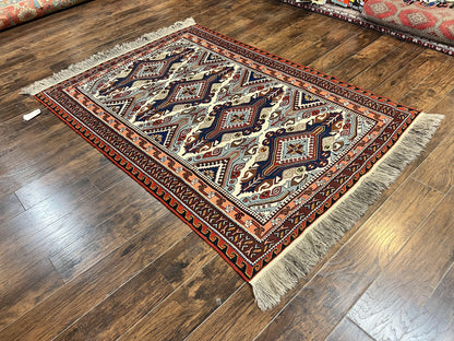 Russian Soumak Rug 6x8, Wool Handmade Antique Kilim Carpet, Multicolor 6 x 8 Geometric Medallions Caucasian Rug, Medium Size