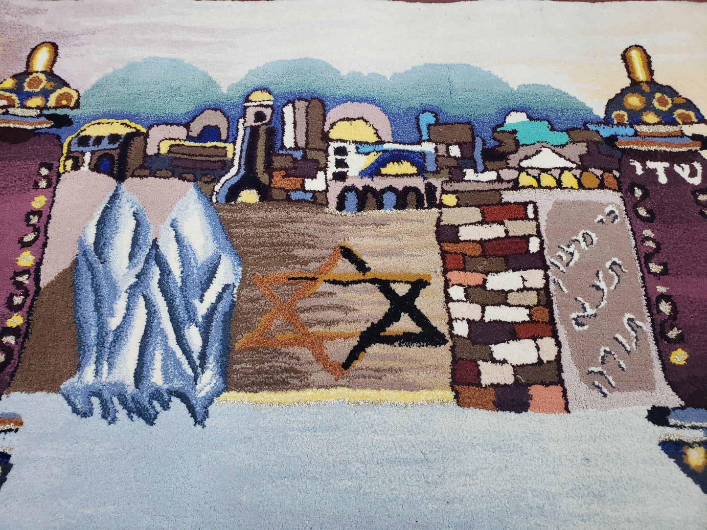 Vintage Judaica Pictorial Rug 3x5, Wool Hand-Tufted Israeli Signed Rug, Jerusalem Rug, Star of David Torah Scroll Verses, Chanuka Gift