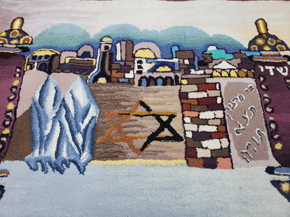 Vintage Judaica Pictorial Rug 3x5, Wool Hand-Tufted Israeli Signed Rug, Jerusalem Rug, Star of David Torah Scroll Verses, Chanuka Gift