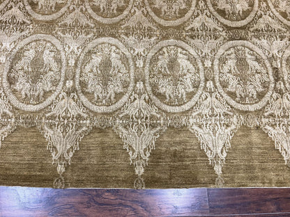 Tibetan Rug 12x15, Wool Hand Knotted Carpet, Odegard Rug, Birds, Olive Green, 12 x 15 Oversized Handmade Contemporary Area Rug, Extra Large