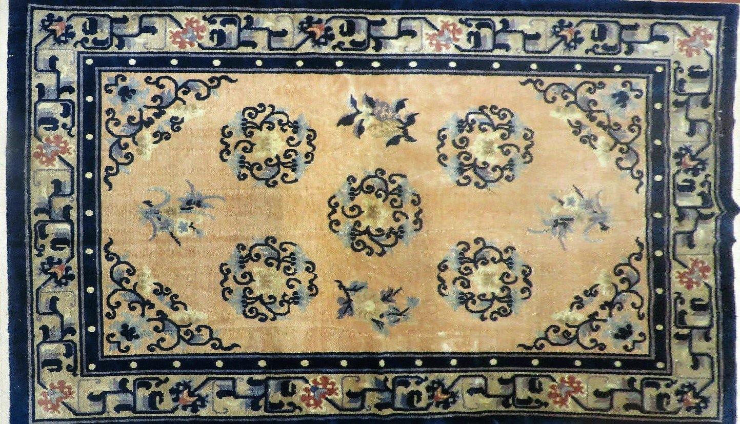 Antique Handmade Peking Chinese Wool Rug 1950s Vintage 47 By 71 Inches Blue And Salmon