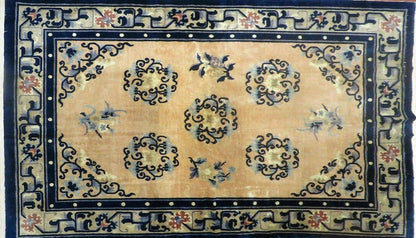 Antique Handmade Peking Chinese Wool Rug 1950s Vintage 47 By 71 Inches Blue And Salmon