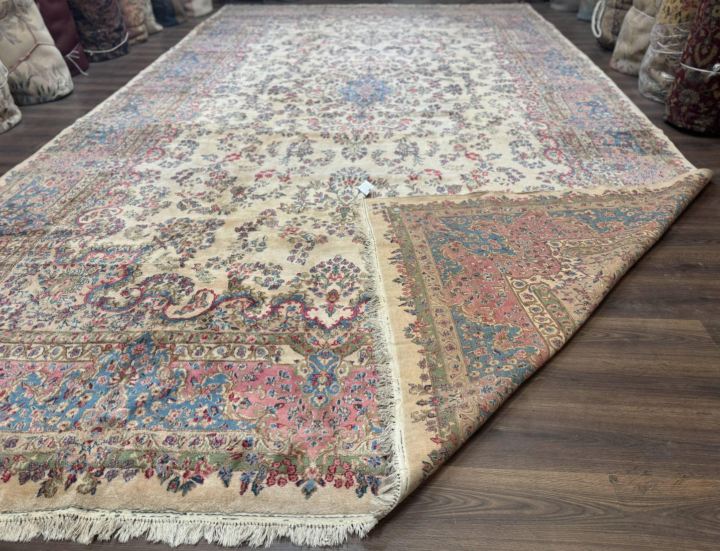 Palace Size Persian Kerman Rug 11x20 ft, Very Fine 340 KPSI, Vintage Oversized Wool Handmade Large Persian Carpet, Beige Light Blue Pink