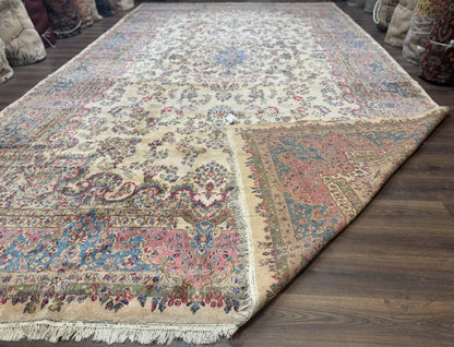 Palace Size Persian Kerman Rug 11x20 ft, Very Fine 340 KPSI, Vintage Oversized Wool Handmade Large Persian Carpet, Beige Light Blue Pink
