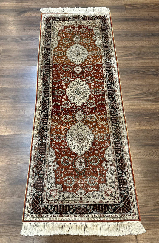 Turkish Silk Narrow Runner Rug 2 x 5.8, Very Fine 340 KPSI, Floral Medallions, Red