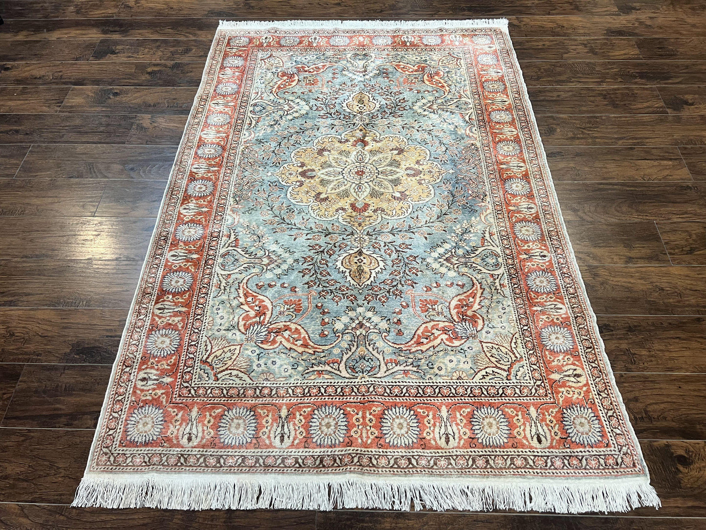 Silk Turkish Rug 5x7, Light Blue Silk Carpet, Floral Medallion, Turkish Kayseri Rug, Vintage Handmade Oriental Rug