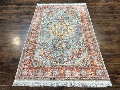 Silk Turkish Rug 5x7, Light Blue Silk Carpet, Floral Medallion, Turkish Kayseri Rug, Vintage Handmade Oriental Rug